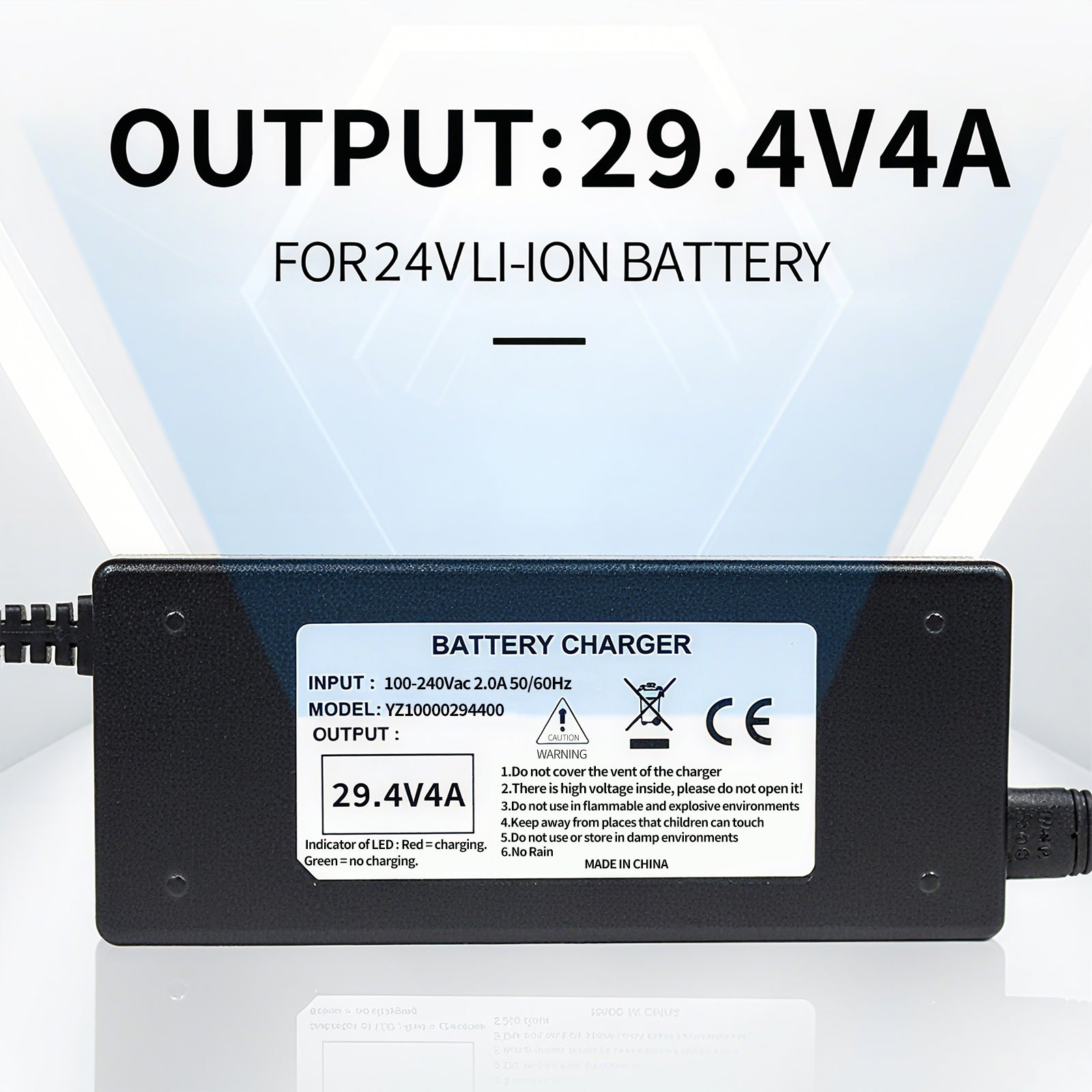 29.4V 4A lithium battery charger with 7S-3 pin XLR connector, CE/UKCA certified, 2-year warranty (for scooters/medical equipment/electric bicycles)