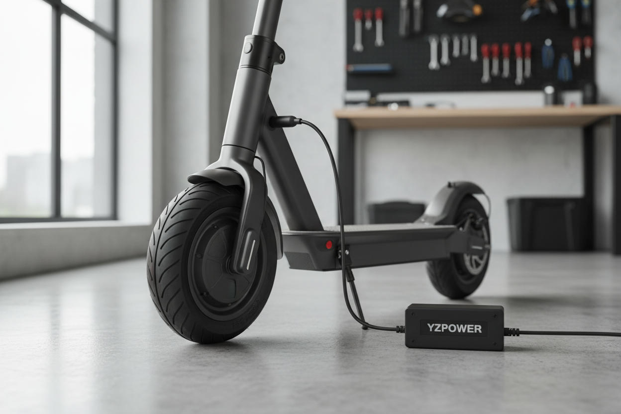 一个成人的电动滑板车在用YZPOWER品牌的充电器充电